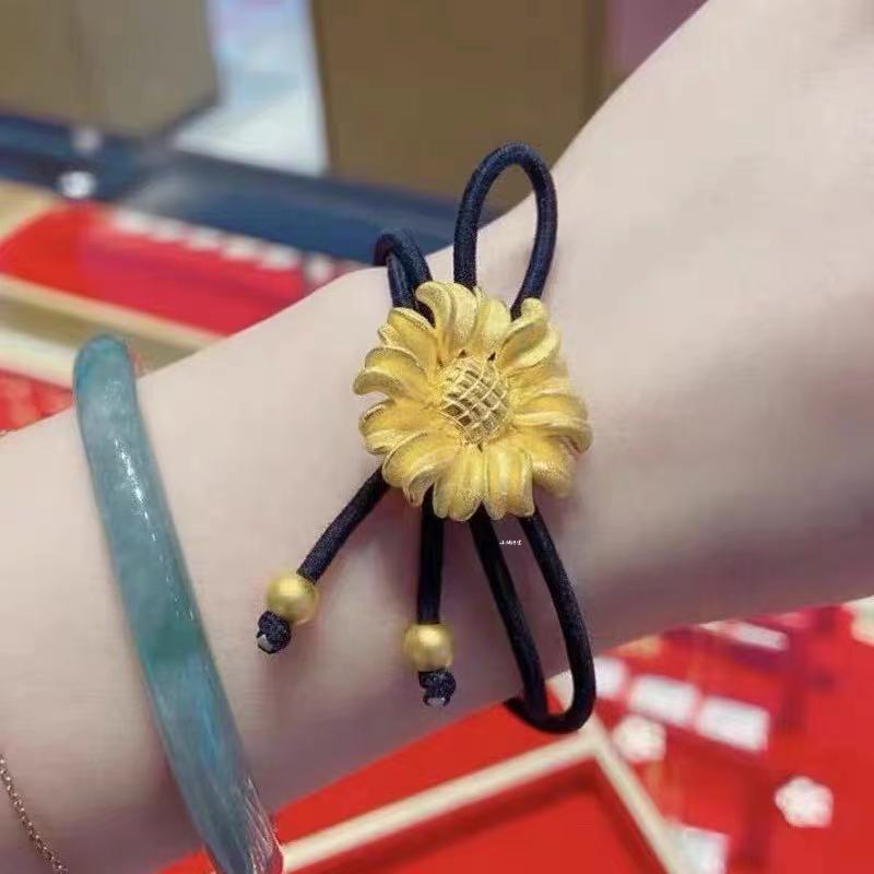 丝莱足金999向日葵头绳黄金太阳花手绳3d硬金转运珠扎发马尾头饰送