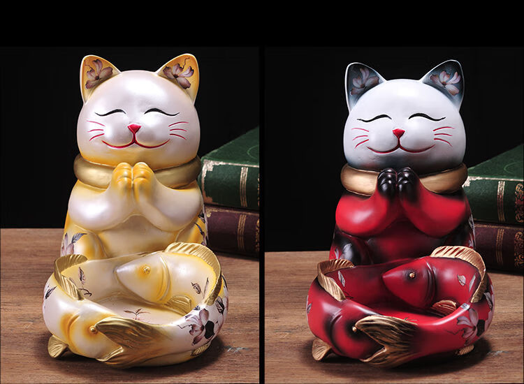 招财猫创意摆件创意家居玄关装饰品鞋柜钥匙收纳盘开业礼品礼物珍珠黄