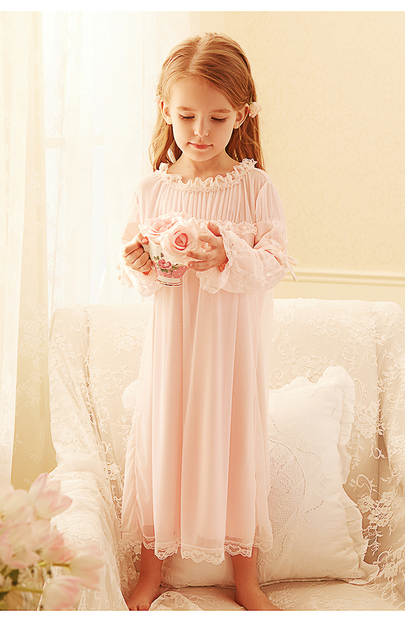 rosetree女童睡裙公主风春秋季莫代尔薄款儿童长袖宫廷宝宝睡衣 柔