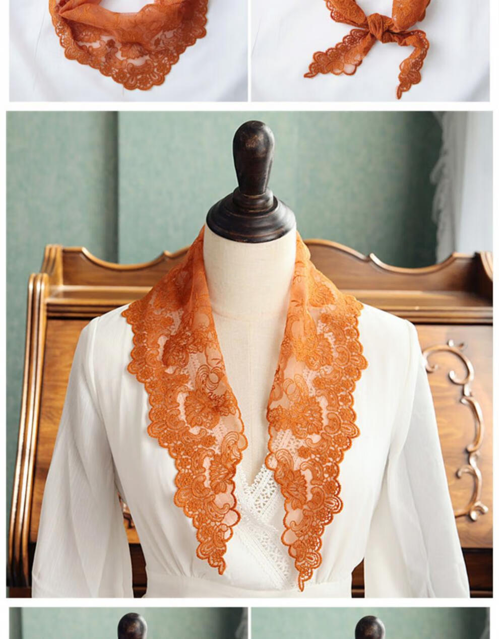 蕾丝巾女士 2020春夏季硬蕾丝纱巾黑色小领巾三角巾围巾围脖 w1604咖