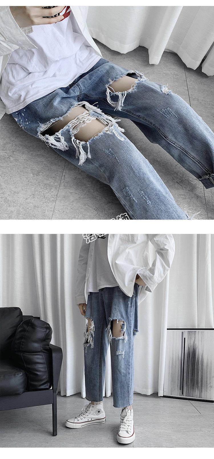 年夏季破洞牛仔裤子女直筒乞丐显瘦九分裤学生网红潮耐白克色抖音网红