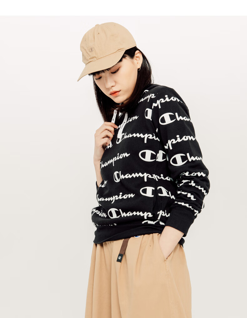 champion2022冠军卫衣春秋女红色满印logo连帽黑色运动休闲上衣红色满