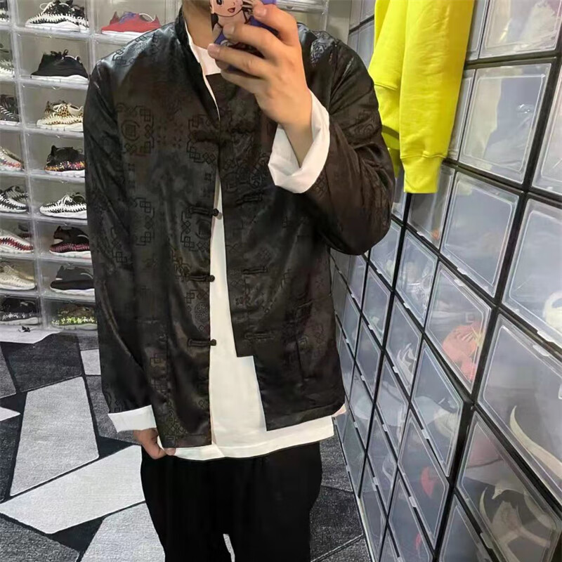 clot丝绸中国风唐装衬衫男秋季薄款潮流休闲宽松大码外套长袖上衣