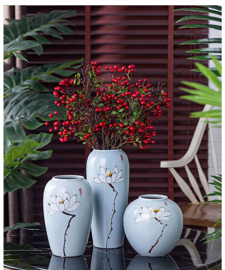 陶瓷花瓶现代中式插花摆件客厅干花装饰瓷瓶电视柜家居摆设纯手绘蓝色