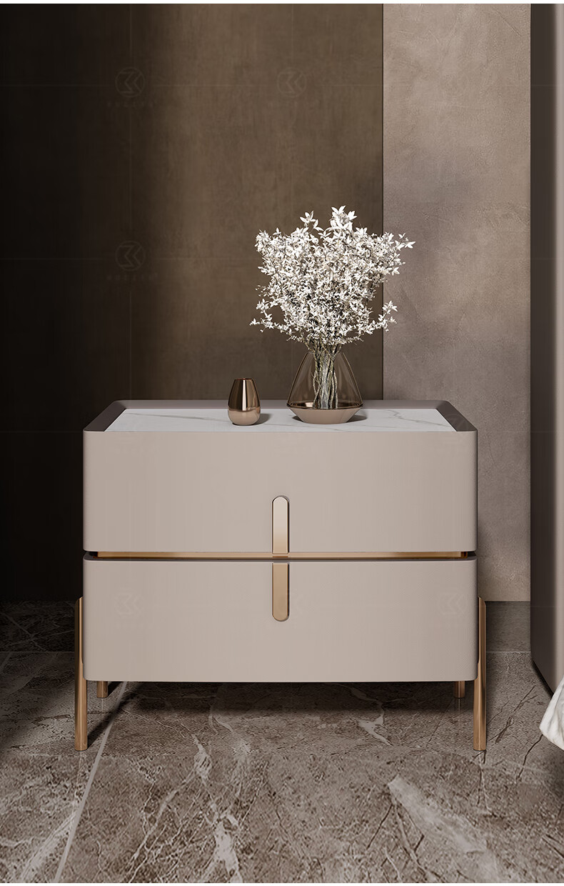 梓桦床头柜简约现代轻奢ins网红床边柜带灯一体意式感岩板收纳柜 【香