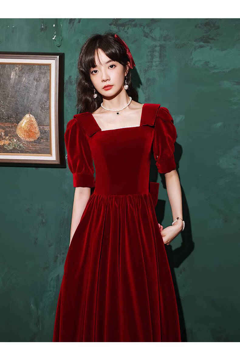 个子平时可穿结婚礼服女显瘦回门衣服春夏季亮酒红色短i袖中长款xxxl