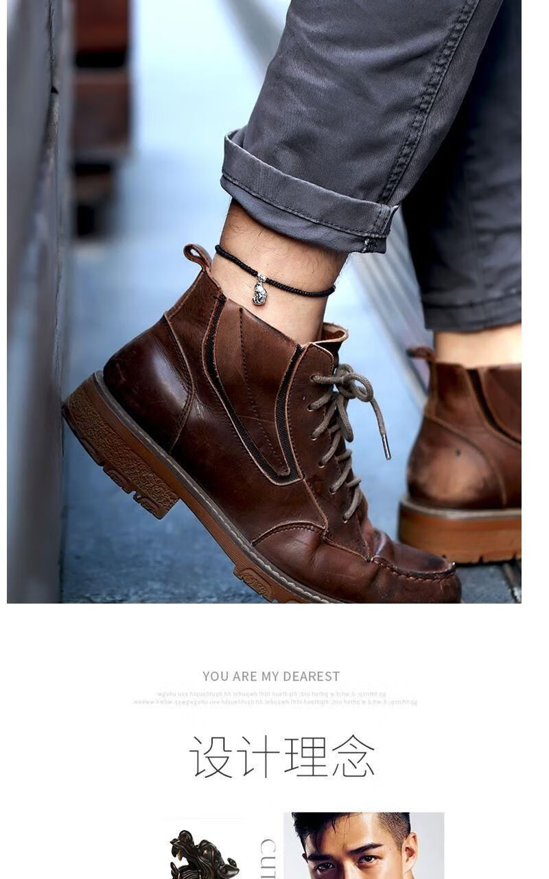 貔貅男士脚链足银黑绳手工编织个性潮酷转运银珠脚环简单百搭 男士