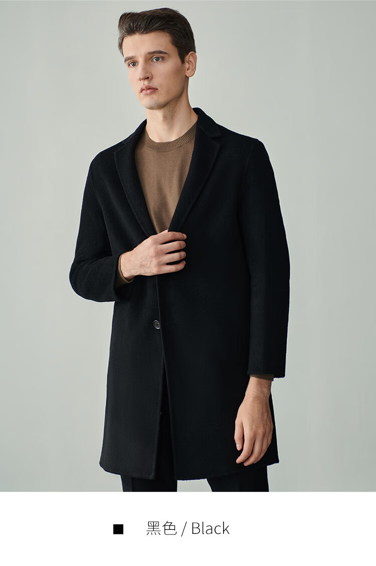 jodoll乔顿2021冬款男士商务休闲双面呢大衣中长款西装领羊毛外套黑色