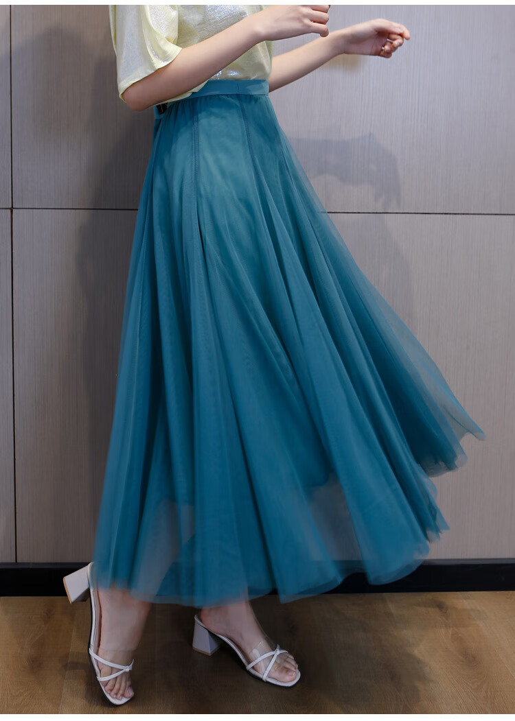 韩版高腰网纱半身裙女秋冬飘逸仙女纱裙十片拼接大摆长裙肉红色均码