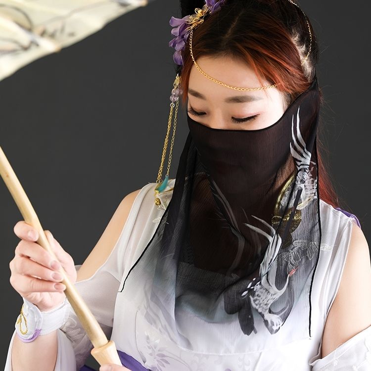 熹卡龙新品面纱古风挽秀古风双鹤渐变雪纺印花面纱汉服遮面蒙面防晒