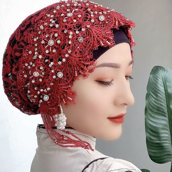 qiced新品回族帽子回族姑娘帽夏季蕾丝单层帽子双色拼接网红款两边