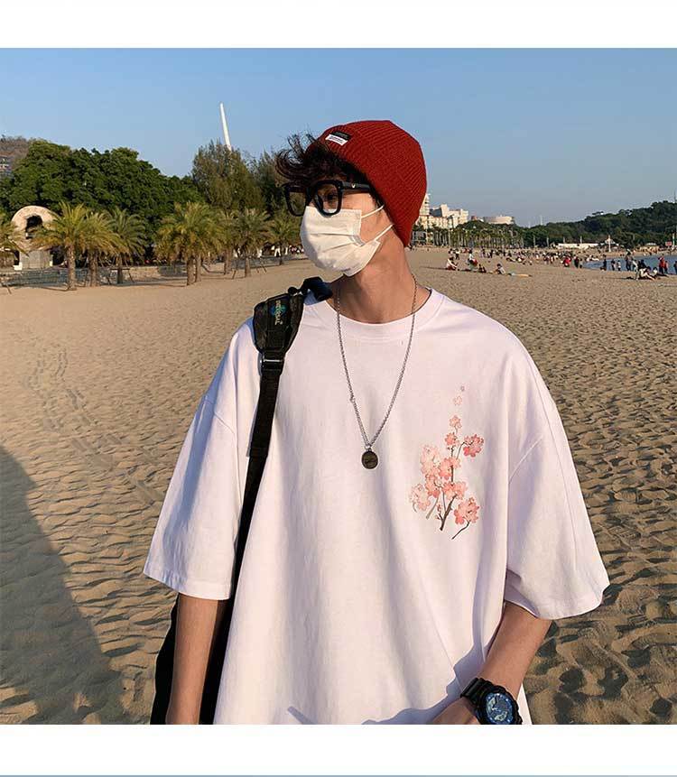 雪简月夏季樱花短袖t恤男潮流宽松半袖体恤衫青少年学生五分半截袖