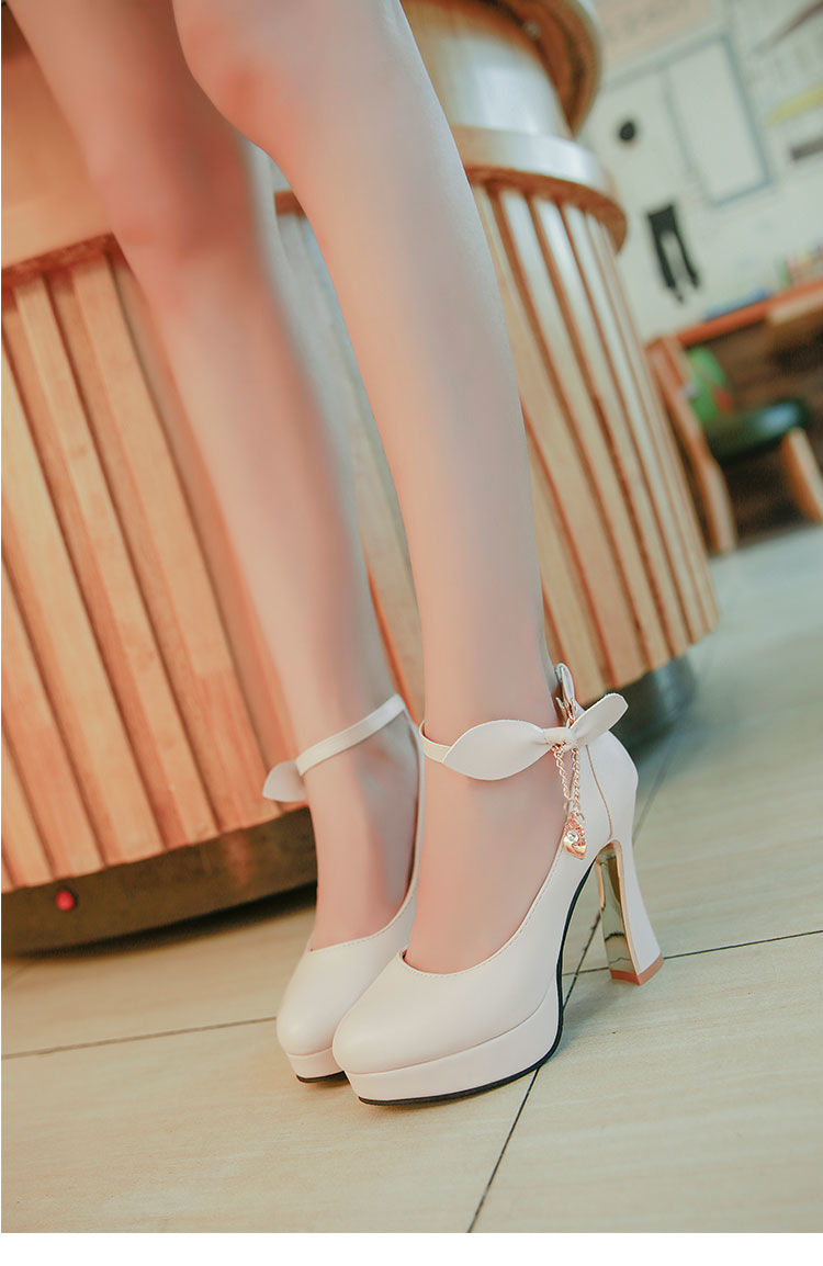 高跟鞋女学生春季新款女士一字扣粗跟单鞋女鞋防水台高跟鞋甜美圆头