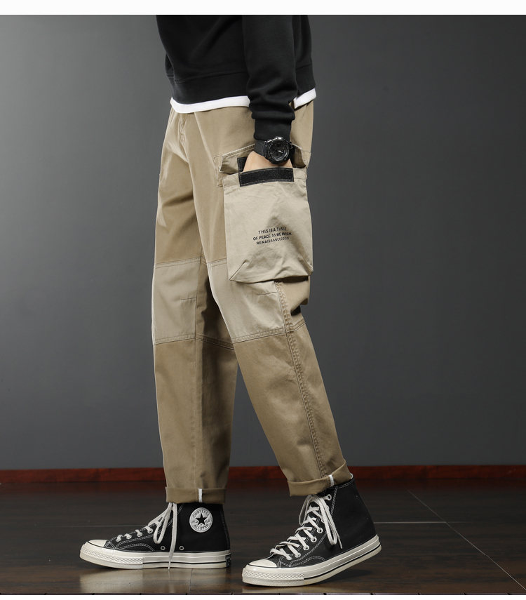 花花公子秋季新款男个性大口袋英文刺绣拼接重工宽松直筒工装裤卡其色
