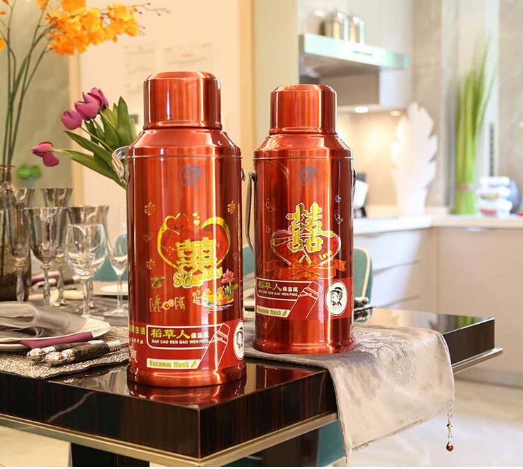 稻草人暖瓶不锈钢婚庆保温壶结婚陪嫁大容量热水瓶喜庆红色壶一对