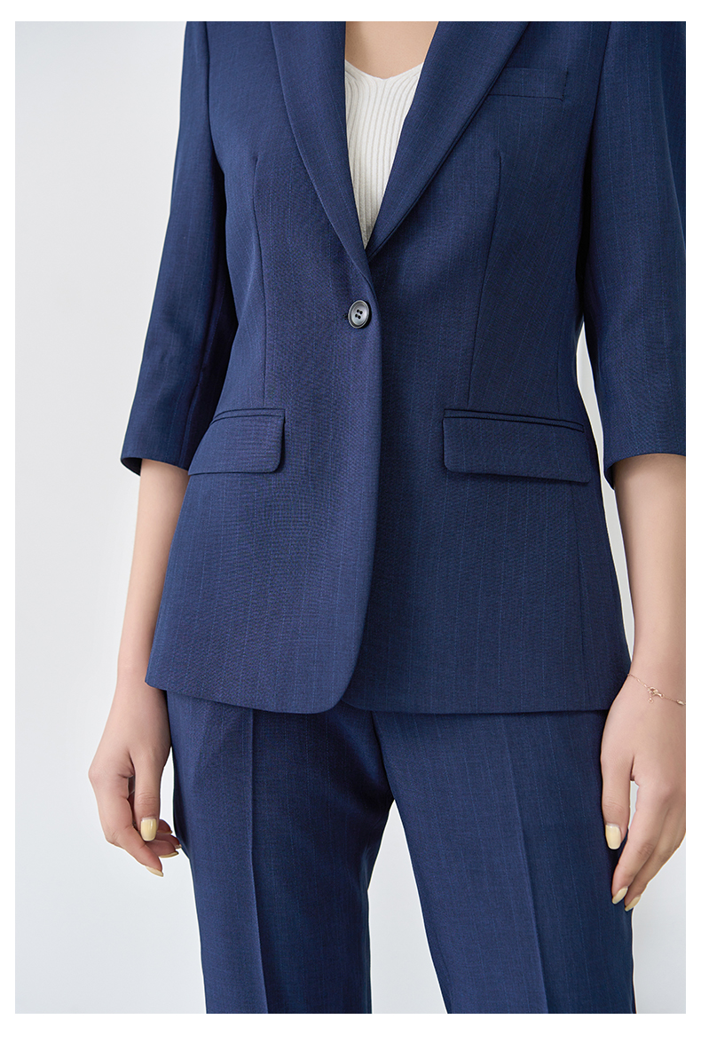 菲伊斯莉品牌职业西装套装女夏季藏蓝色驳领高端薄款七分袖商务气质