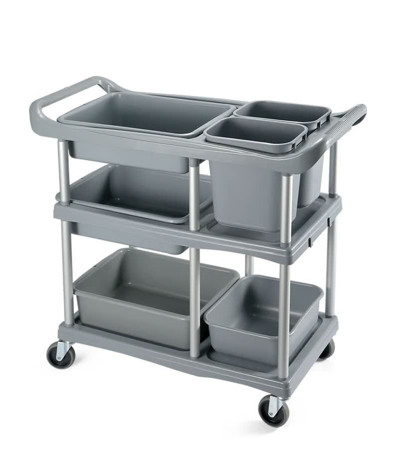 员创酒店餐车三层推车收纳挂桶收碗车带垃圾桶多功能塑料餐厅饭店加厚