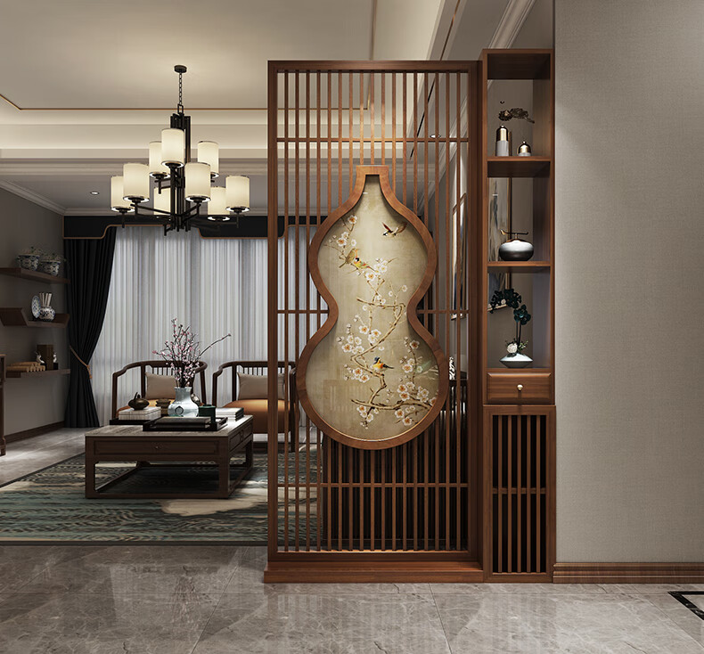 匠心攻略轻奢品牌轻奢品牌实木禅意屏风隔断新中式客厅置物架入门玄关