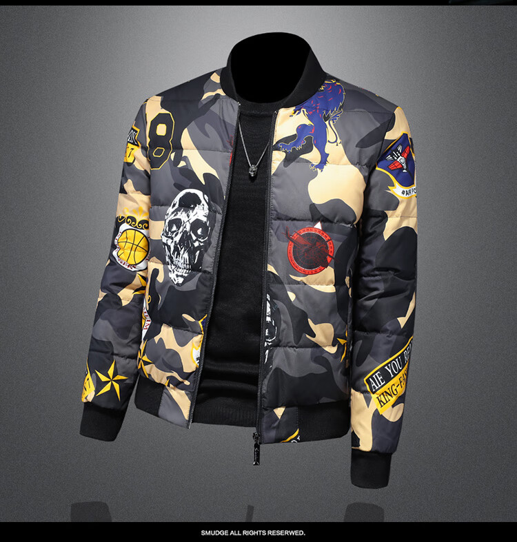 宾牧鸟 欧洲站羽绒服男冬季潮流骷髅头印花羽绒衣冬季白鸭绒保暖迷彩