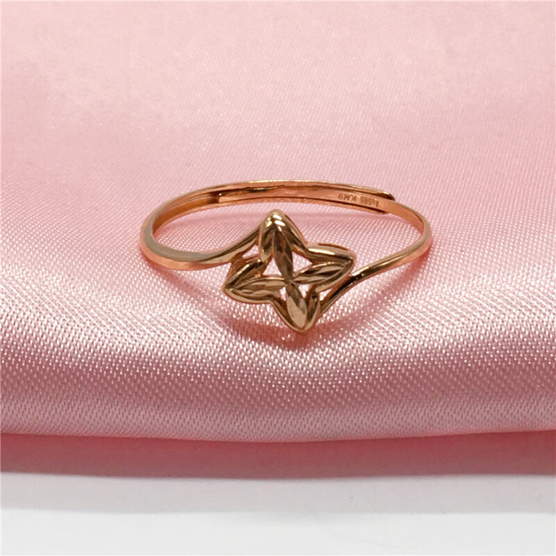 钧弘 俄罗斯585紫金戒指14k玫瑰金彩金百搭镂空四叶花活口戒指y情人节