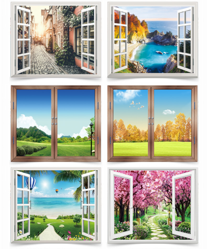假窗户仿风景挂布 3d墙纸贴画立体客厅卧室自粘墙贴大海仿真风景画