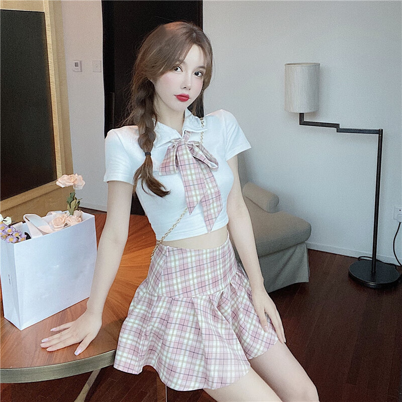 春夏必备jk衬衫学院风女夏天jk制服领带领露脐上衣高腰百褶半身子两小