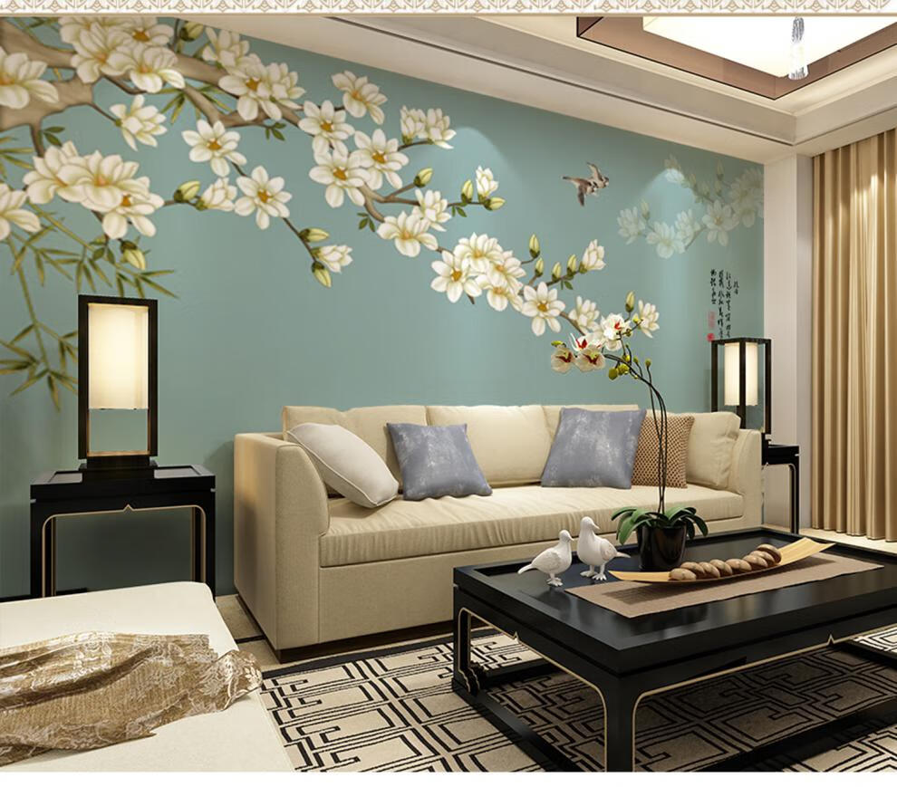 玉兰墙布壁纸新中式电视背景墙壁纸16d玉兰花鸟墙布8d客厅沙发整张16d
