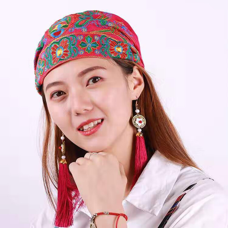 民族风文艺范帽子新款民族风帽子包头巾女棉麻帽复古刺绣花帽舞蹈帽