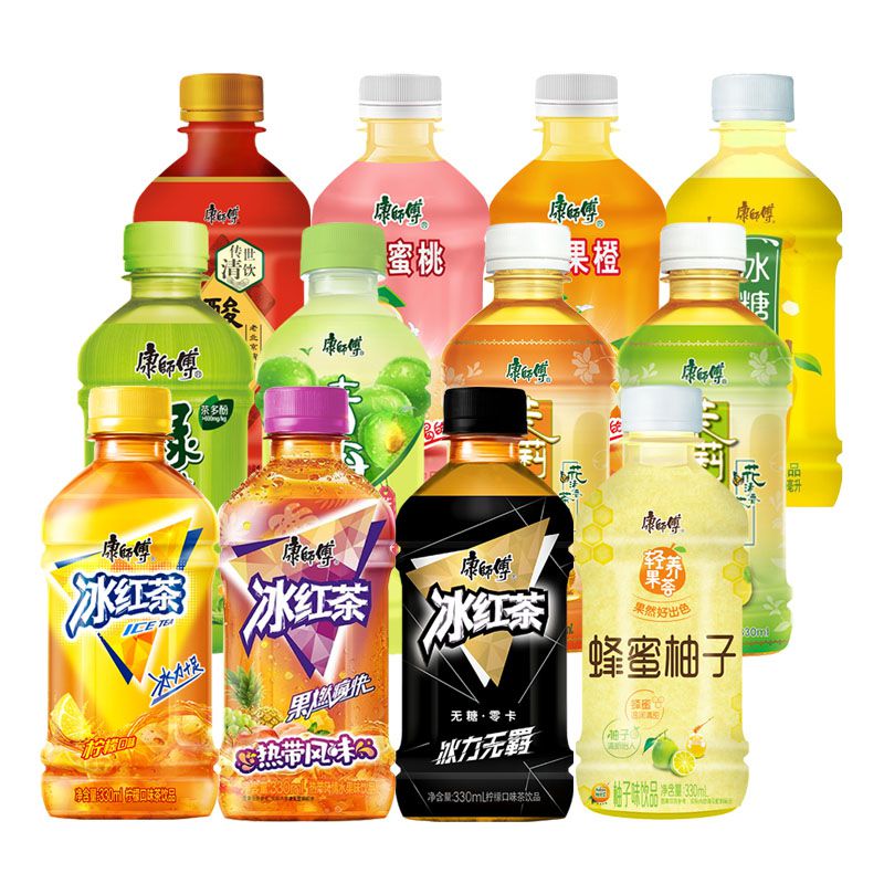 康师傅12种口味混合饮料330ml12瓶冰红茶绿茶茉莉蜜茶水蜜桃饮料冰