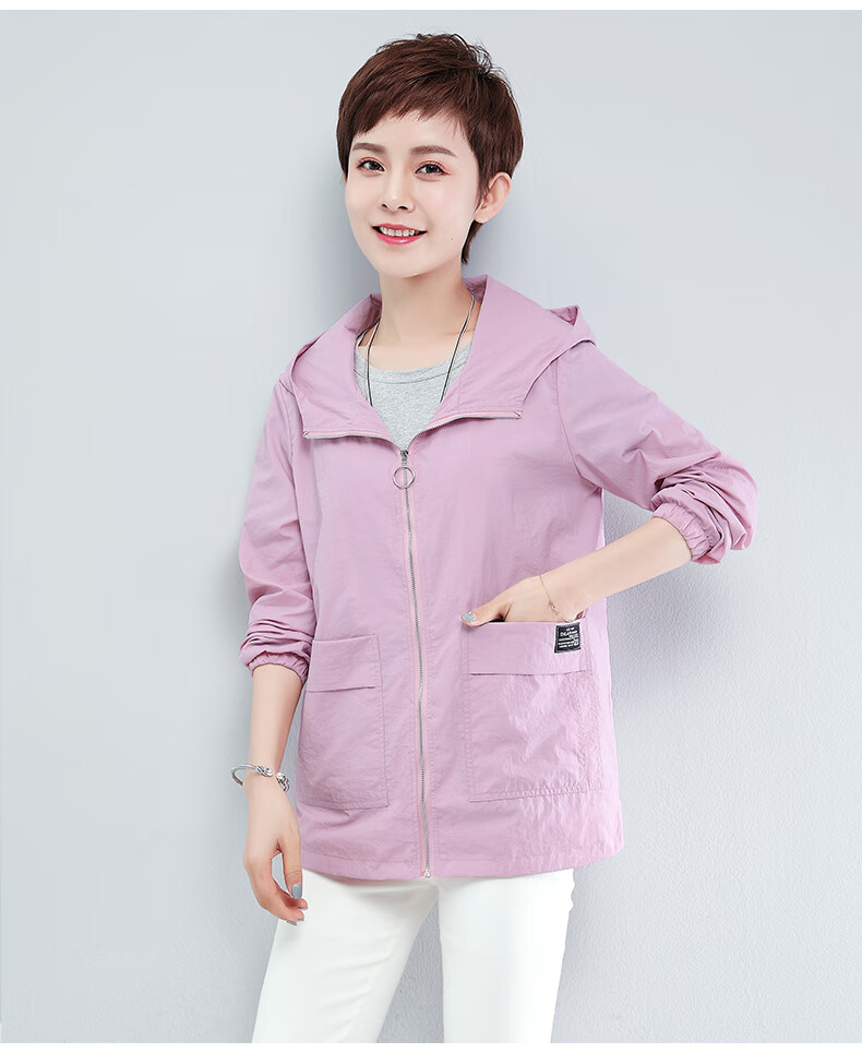 中老年加肥加大薄款防晒衣女妈妈防晒衣女短款连帽休闲薄款开衫外套