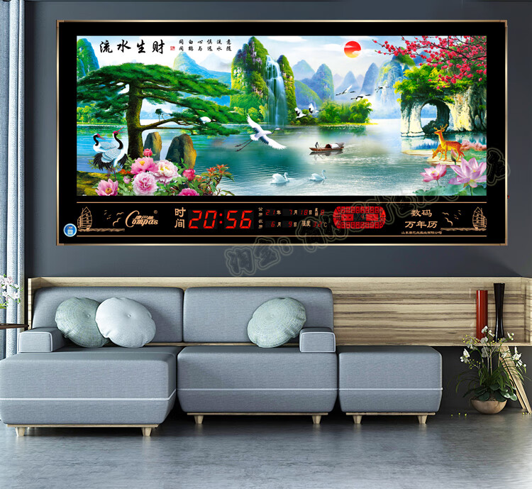 康巴丝山水画风景万年历电子钟2022年新款彩灯壁挂钟家用客厅薄时钟