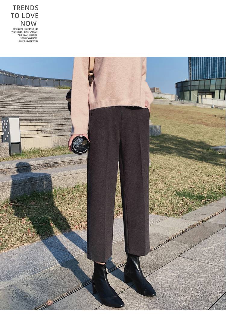 西装裤子女加绒女直筒宽松加厚毛呢矮个子八分裤阔腿西裤秋冬季通勤库