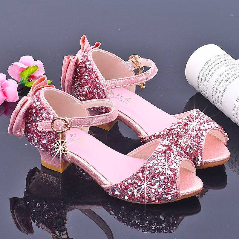 凉鞋夏季女童公主鞋女孩高跟鞋蓝色蝴蝶结学生白色演出皮鞋86022金色