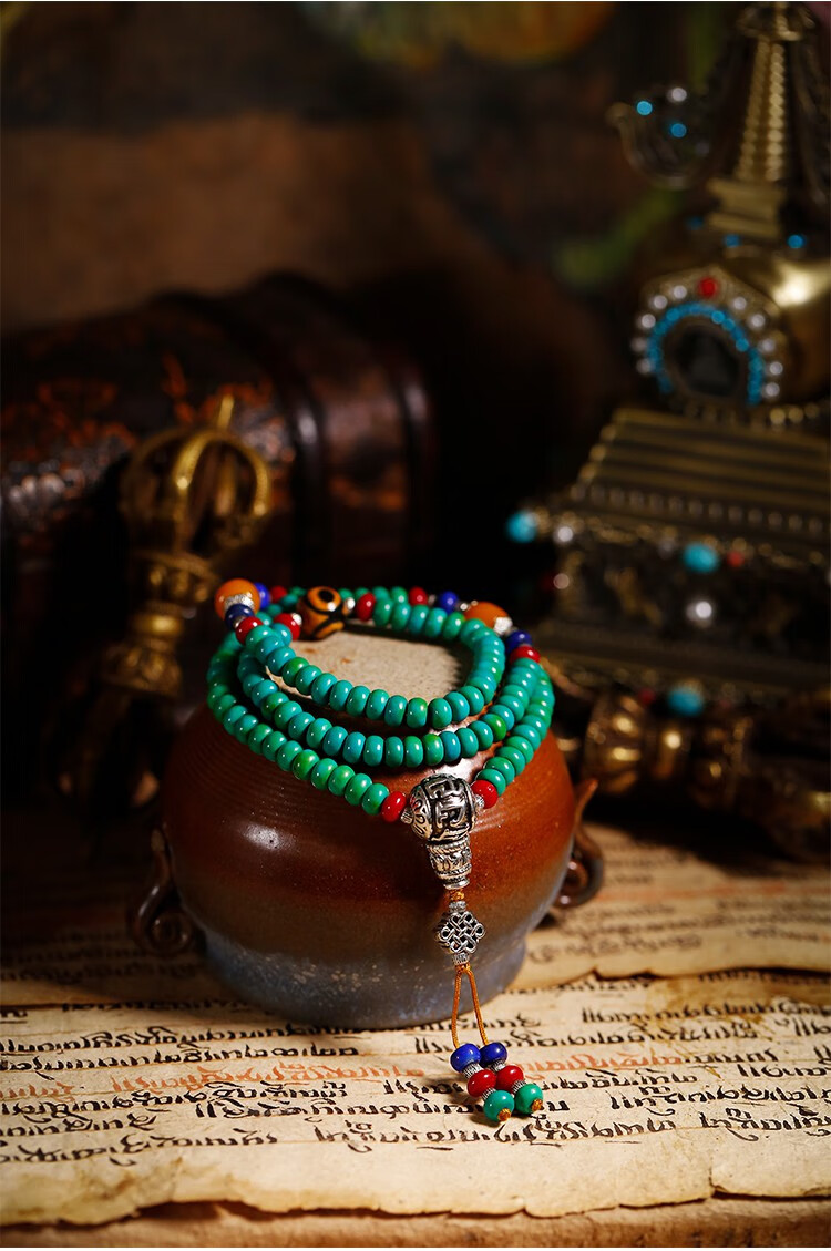 展缘绿松石手串女藏式项链108颗佛珠民族风手链配饰原创设计毛衣链绿