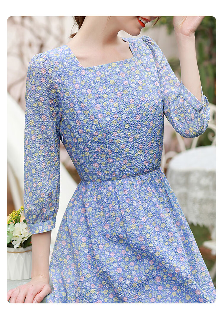 勿忘花纯棉碎花连衣裙女装2022春季新款收腰气质长款方领裙子蓝色xl