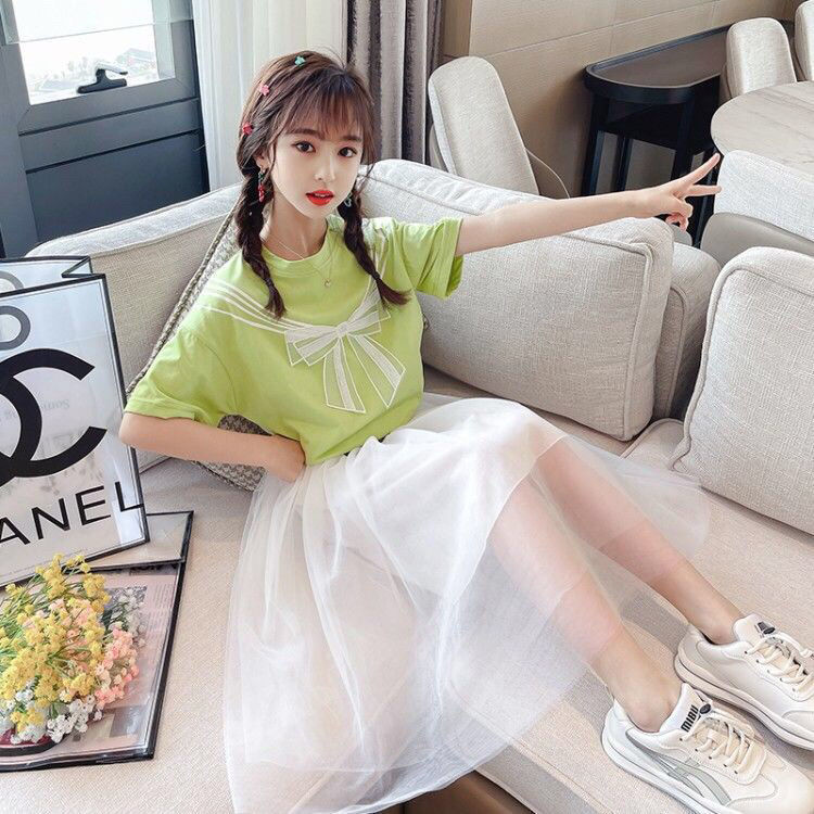 女童中大童套装裙子夏装新款适合212岁女孩子穿的蝴蝶结短袖半身纱裙