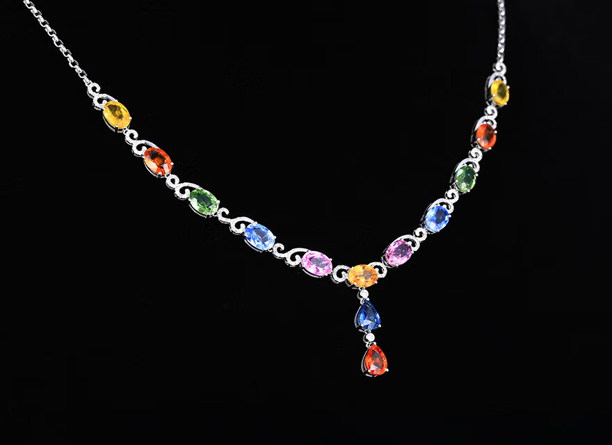 yl1287克拉彩色蓝宝石项链女款18镶嵌钻石套链彩宝定制