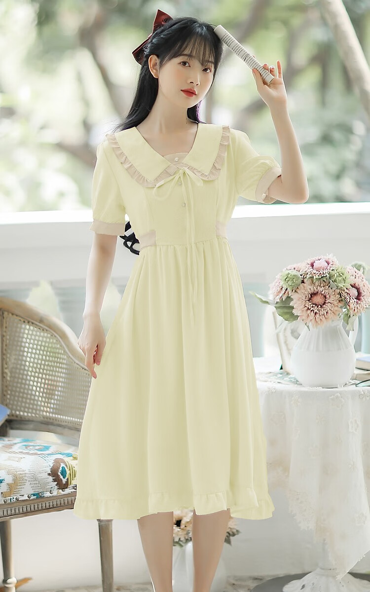 娃娃领连衣裙少女夏装2022新款初中高中学生白色甜美收腰公主裙子杏色