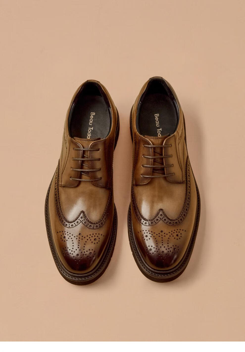 beautoday休闲小皮鞋男复古擦色休闲皮鞋男英伦风布洛克花纹厚底增高