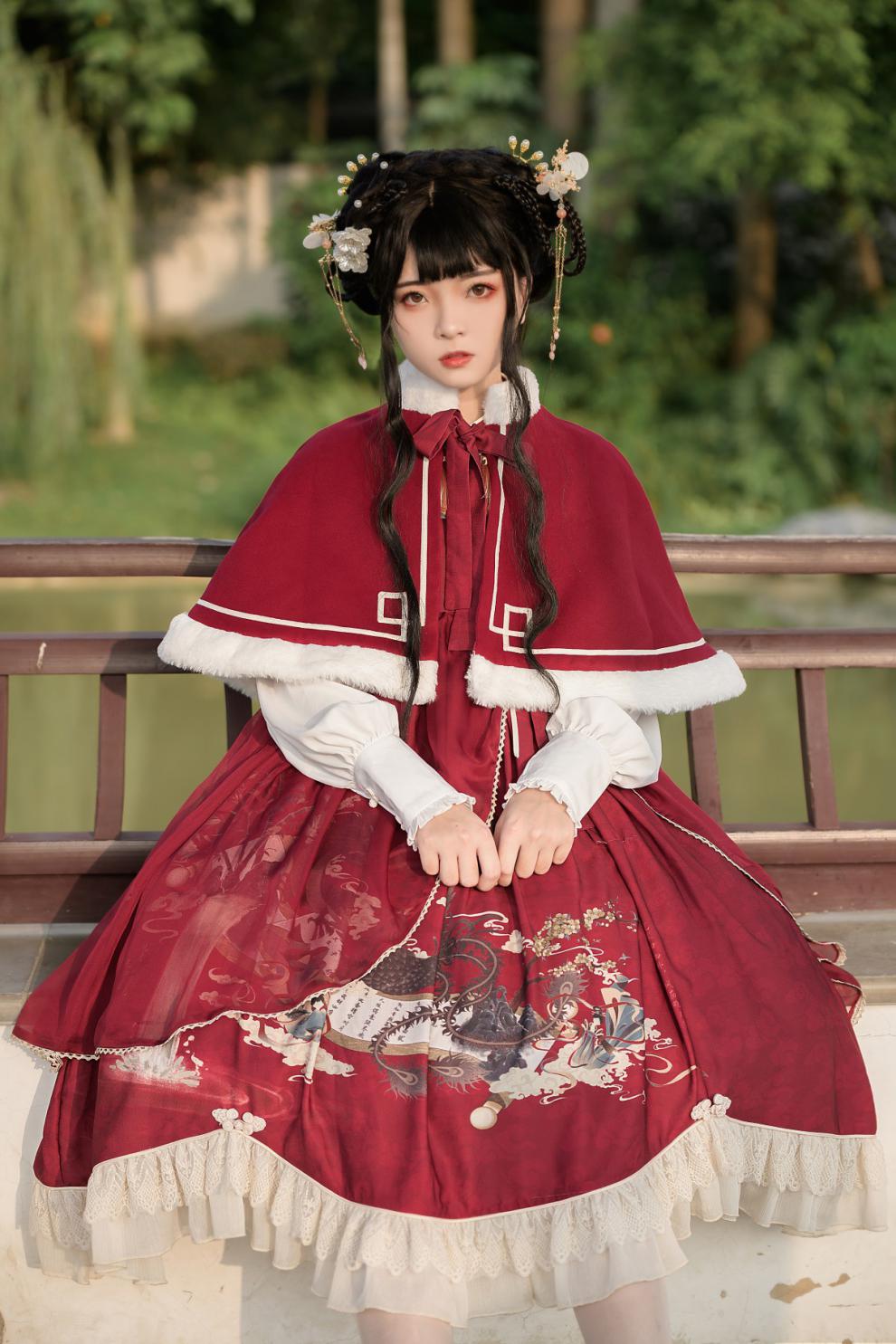 国风洛丽塔汉素裙中改良汉服白菜价古装正牌四件套装 酒红色吊带裙 s