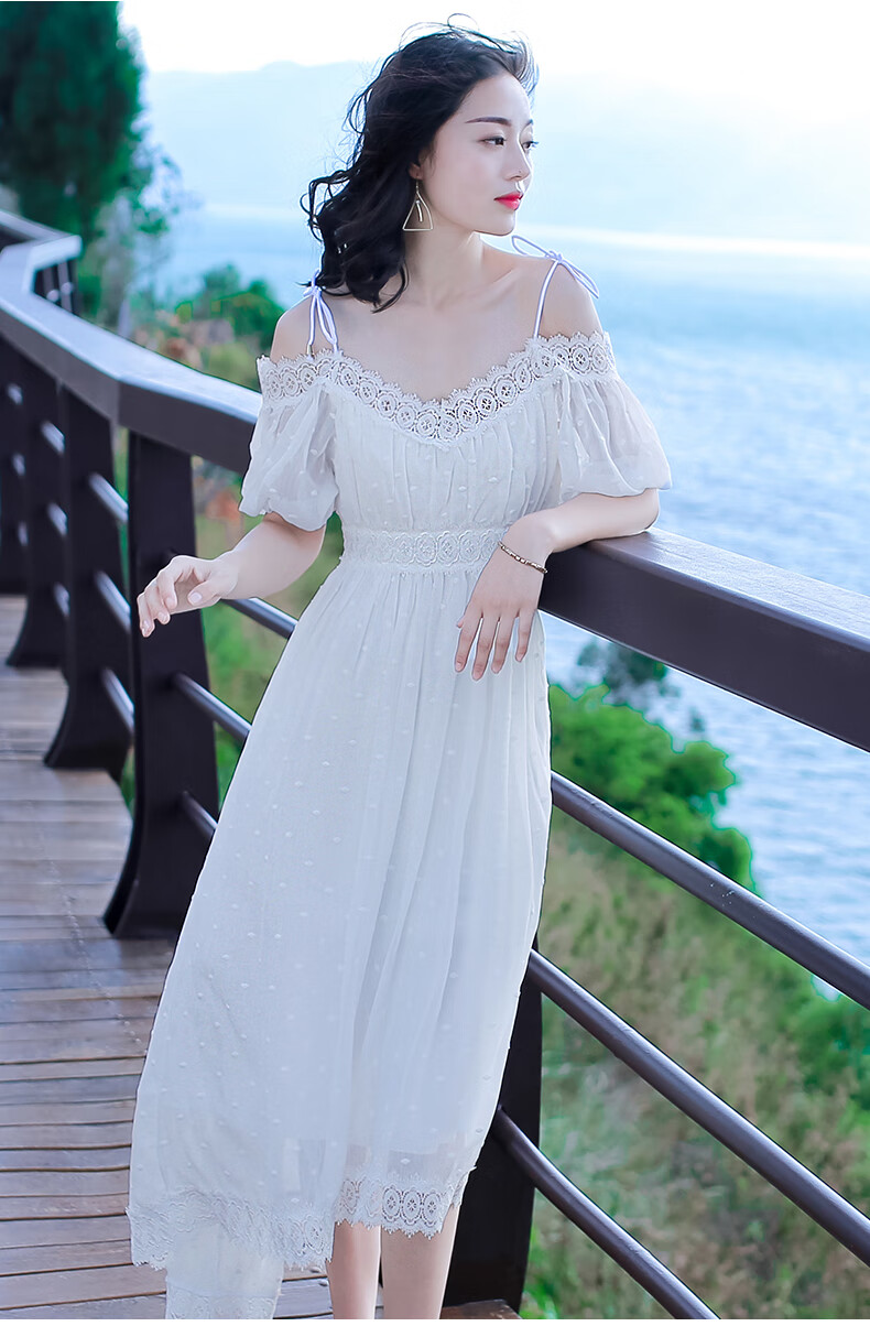 温柔裙初恋裙仙收腰显瘦仙女裙文艺漏肩雪纺连衣裙森系沙滩裙仙白色s