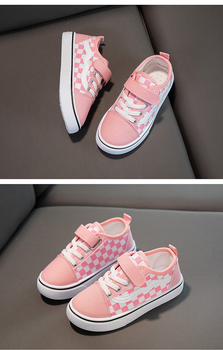 儿童韩版软底格子学生帆布鞋2022春秋新款男女童魔术贴休闲鞋布鞋黑色