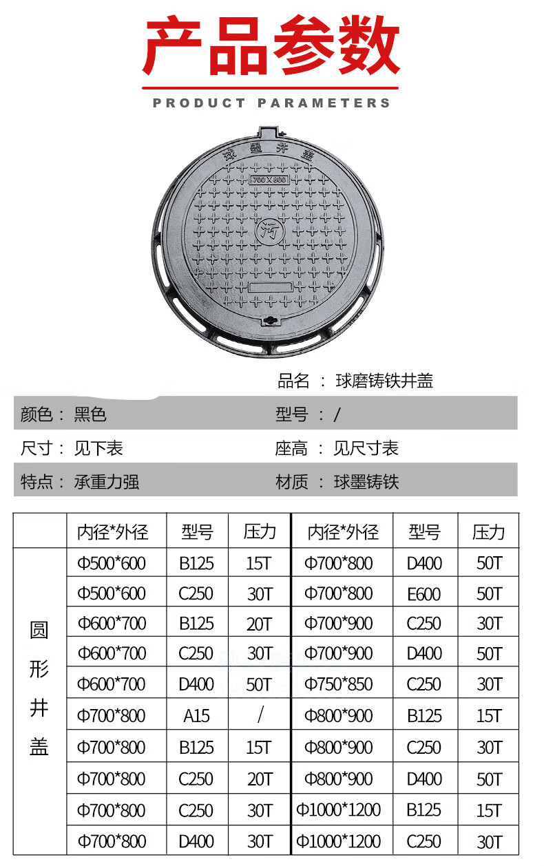球墨鑄鐵井蓋圓形700重型方形雨水井窨井蓋下水道陰井汙水井沙井圓