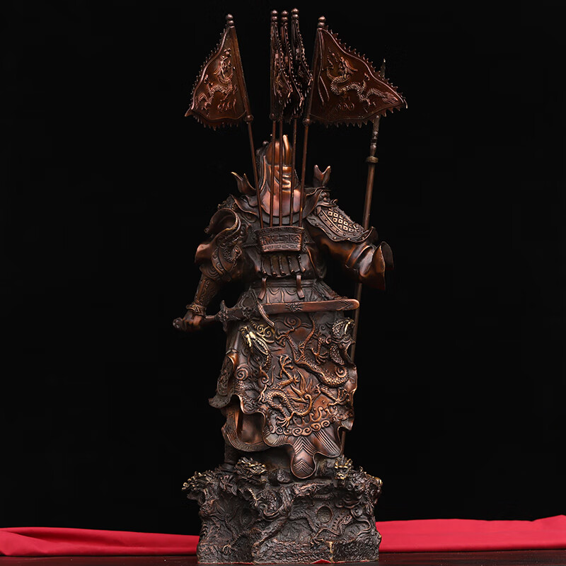 启珀 纯铜武财神背插五旗九龙关公摆件家居办公室供养装饰乔迁开业