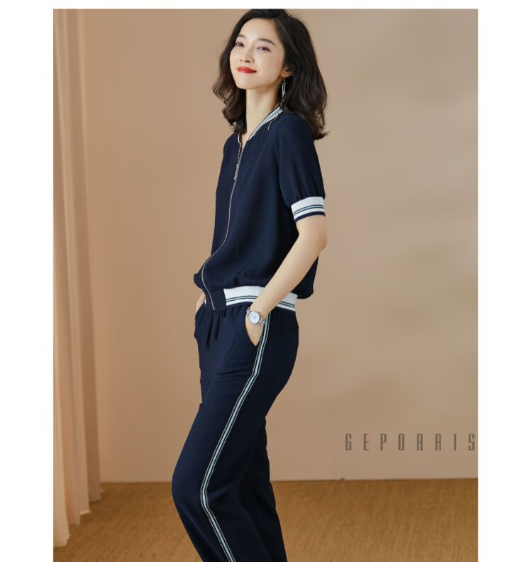 歌珀莱品牌女装2020夏季新款女士运动休闲套装时尚简约短外套系带阔腿