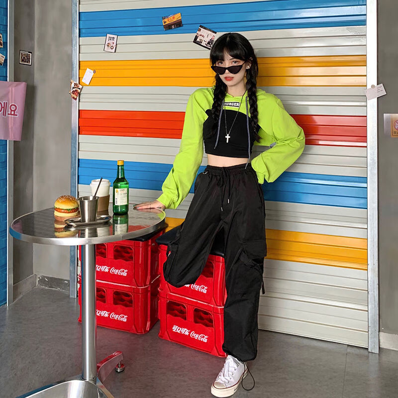 玺报超短款连帽卫衣女露脐嘻哈街舞服蹦迪小外套薄款长袖上衣背心套装