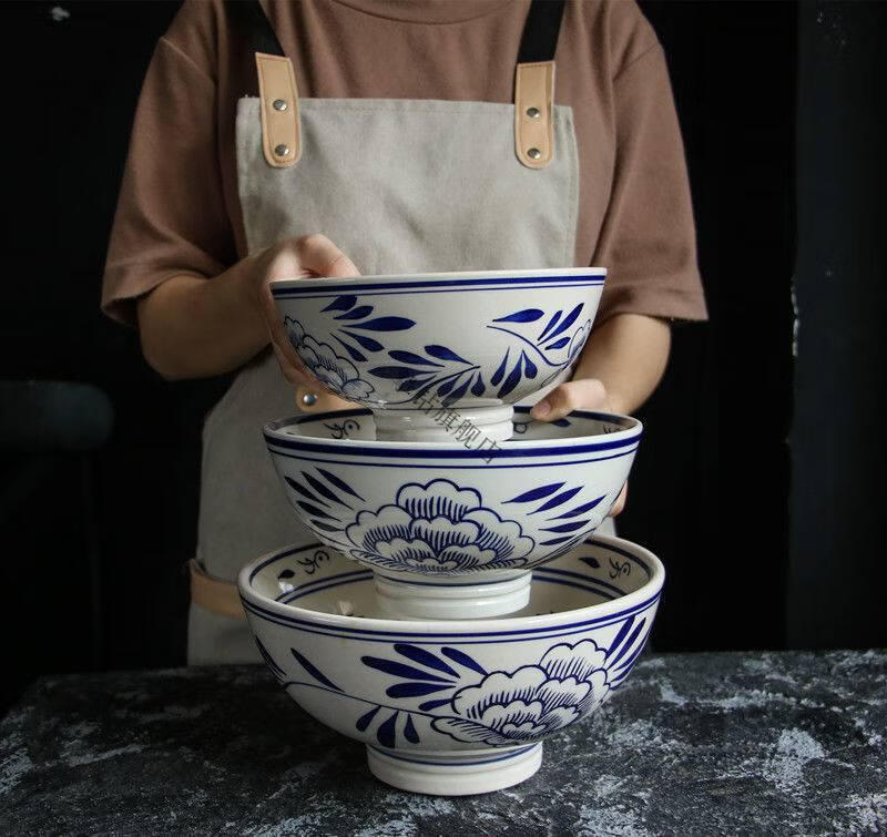 陶瓷商用餐具高脚陕西老碗加厚防烫老味道特大面碗釉下彩中式餐具7英