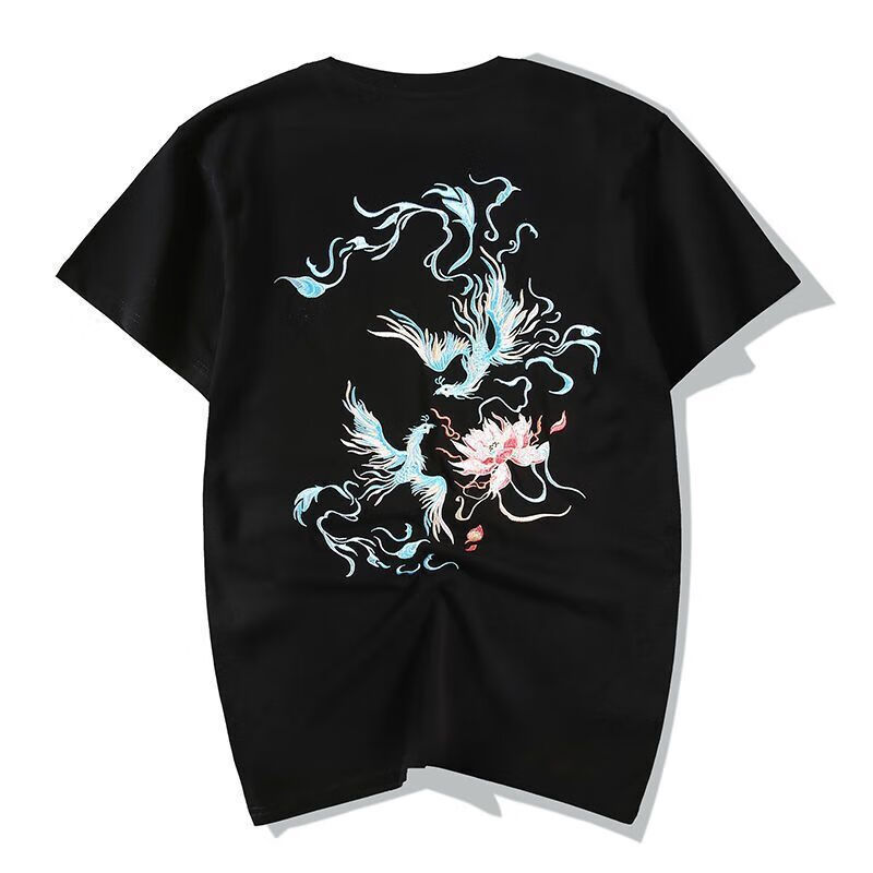 国潮中国风t恤男夏季薄款宽松青年印花短袖凤凰图案潮牌半袖鹤鸣风起