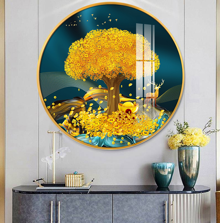 摇钱树挂画2022年新款黄金满地发财树圆形装饰画进宝玄关摇钱树晶瓷画