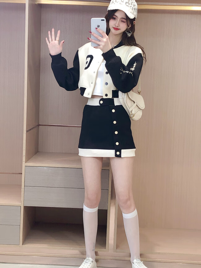 罗蒙romon休闲时尚甜美套装裙女2022春新款棒球服外套高腰短裙半身裙